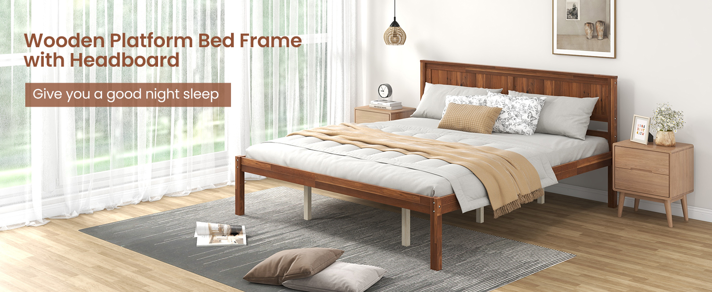 Twin/Full/Queen Size Bed Frame with Wooden Headboard and Slat Support