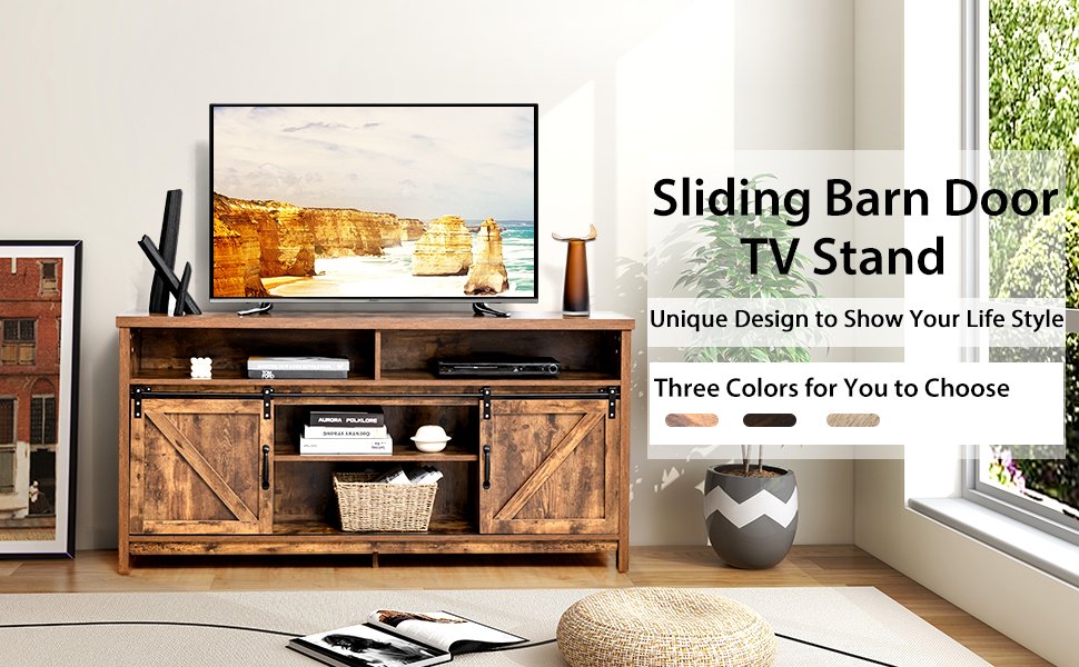 59 Inch Sliding Barn Door TV Stand with Adjustable Shelves for TVs up to 65 Inch