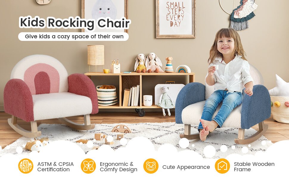 Kids Rocking Chair Children Velvet Upholstered Sofa with Solid Wood Legs