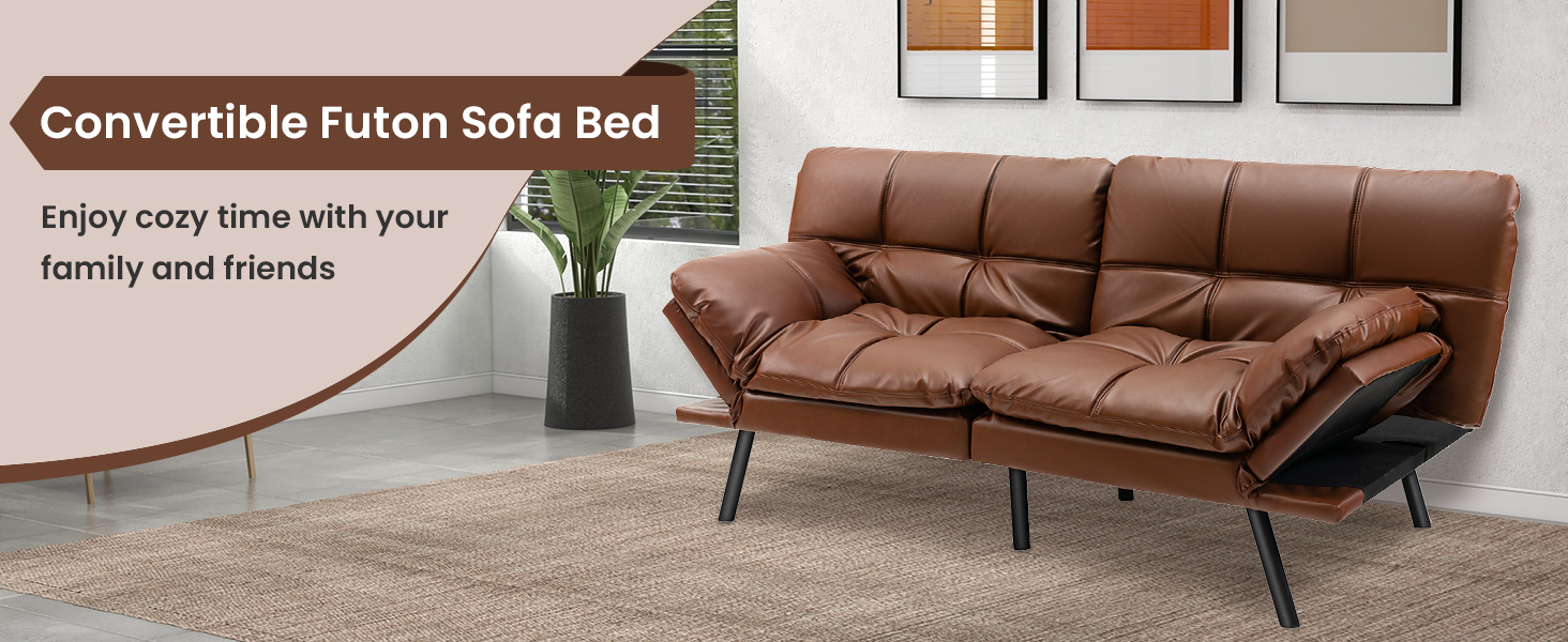 Convertible Memory Foam Futon Sofa Bed with Adjustable Armrest-Brown | Costway
