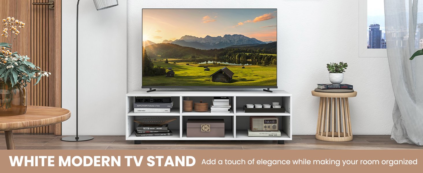 Wood TV Stand for TVs up to 55 Inches with 6 Storage Cubbies