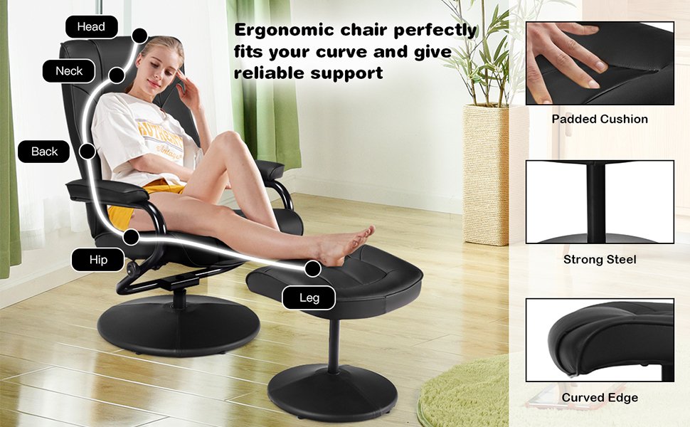 360 Degree Swivel PU Leather Recliner Chair with Ottoman and Adjustable Backrest
