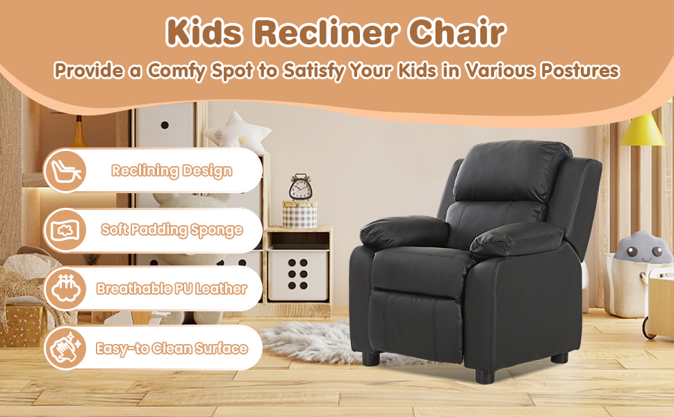 Kids Deluxe Headrest Recliner Sofa Chair with Storage Arms