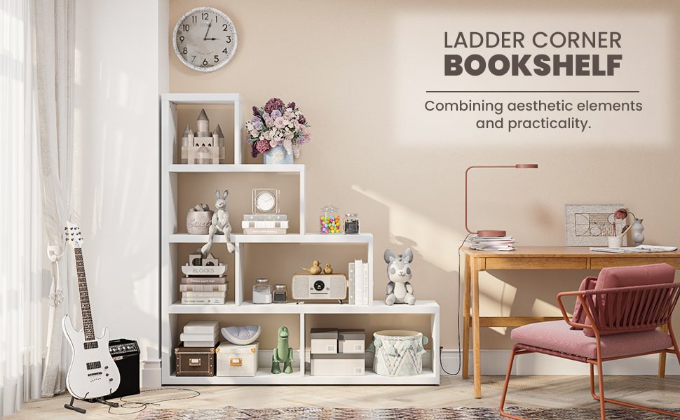 L Shaped Freestanding Ladder Corner Bookshelf with 6 Cubes