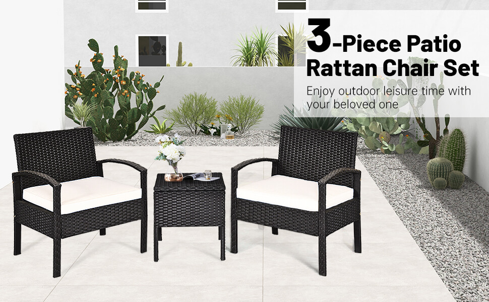 3 Pieces PE Rattan Wicker Sofa Set with Washable and Removable Cushion for Patio
