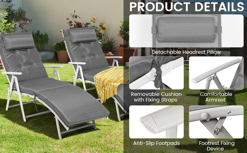 Adjustable Outdoor Lightweight Folding Chaise Lounge Chair with Pillow