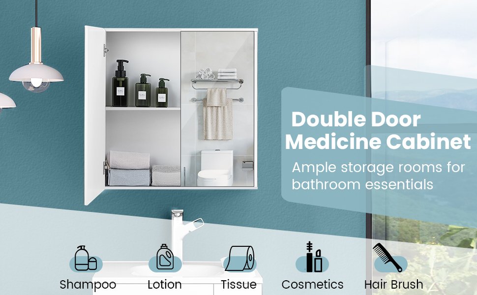 2-Door Wall-Mounted Bathroom Mirrored Medicine Cabinet