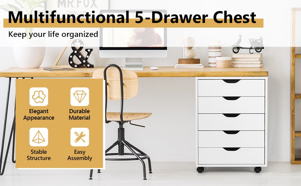 Mobile Lateral Filing Organizer with 5 Drawers and Wheels