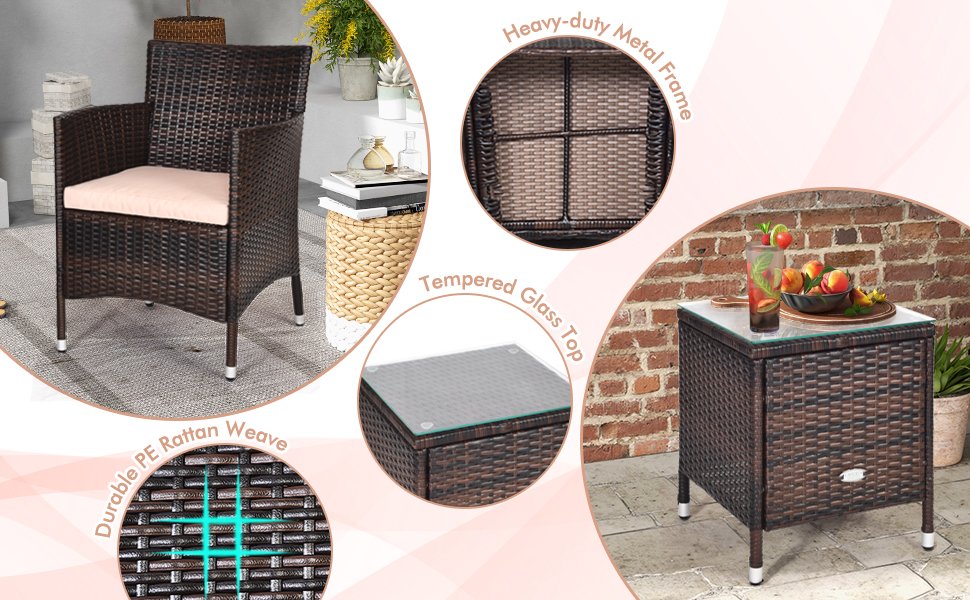 3 Pieces Patio Cushioned Rattan Converstaion Set With Glass Table Top