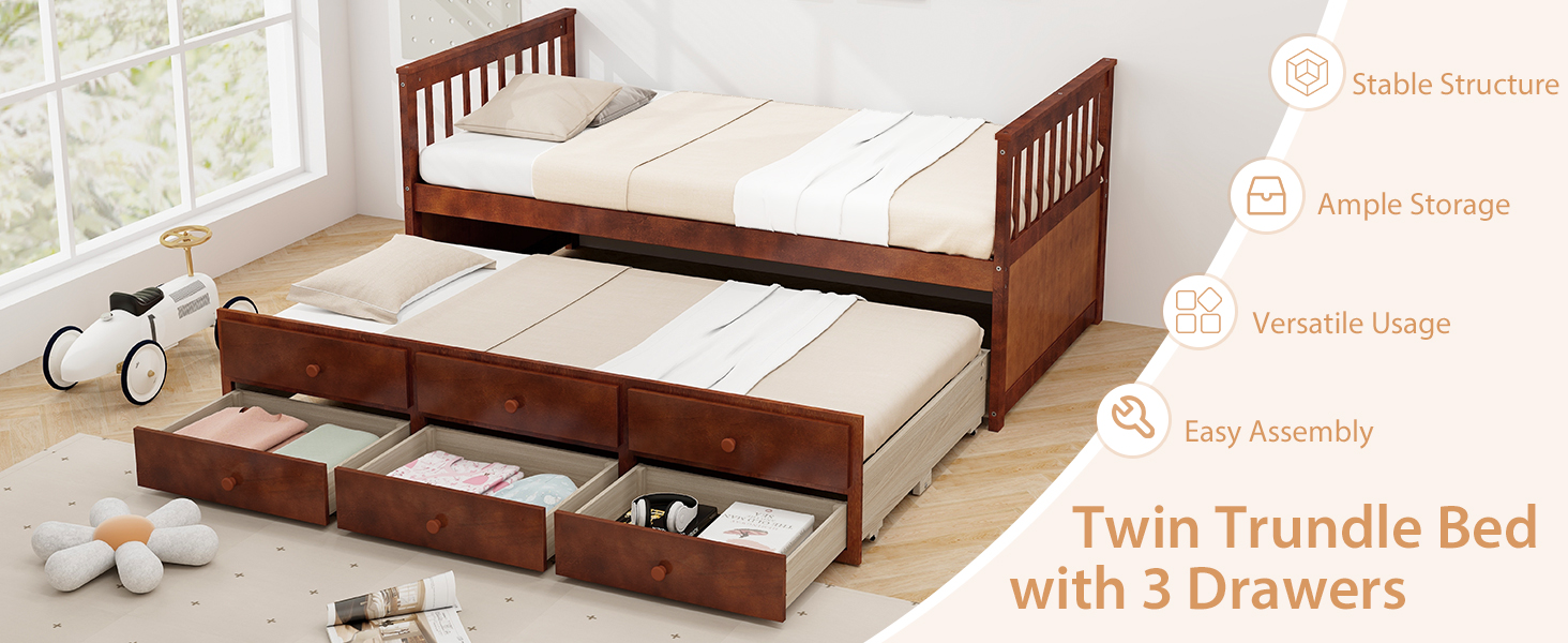Twin Captains Bed with Trundle and 3 Storage Drawers