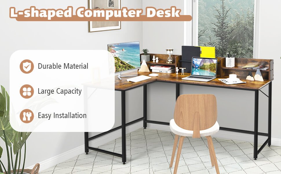 L-Shaped Computer Desk with File Rack and 2 Shelves