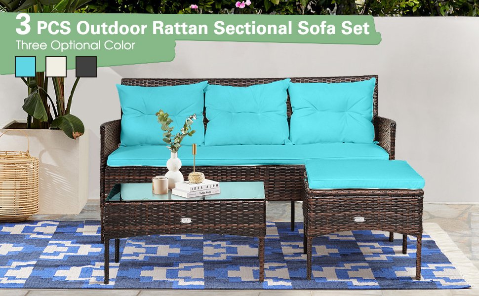 3 Pieces Patio Furniture Sectional Set with 5 Cozy Cushions