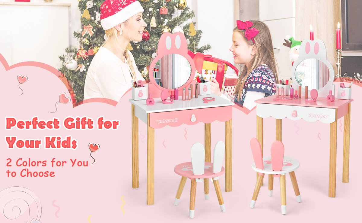 Kids Rabbit Vanity Table Chair Set with Mirror and Drawer