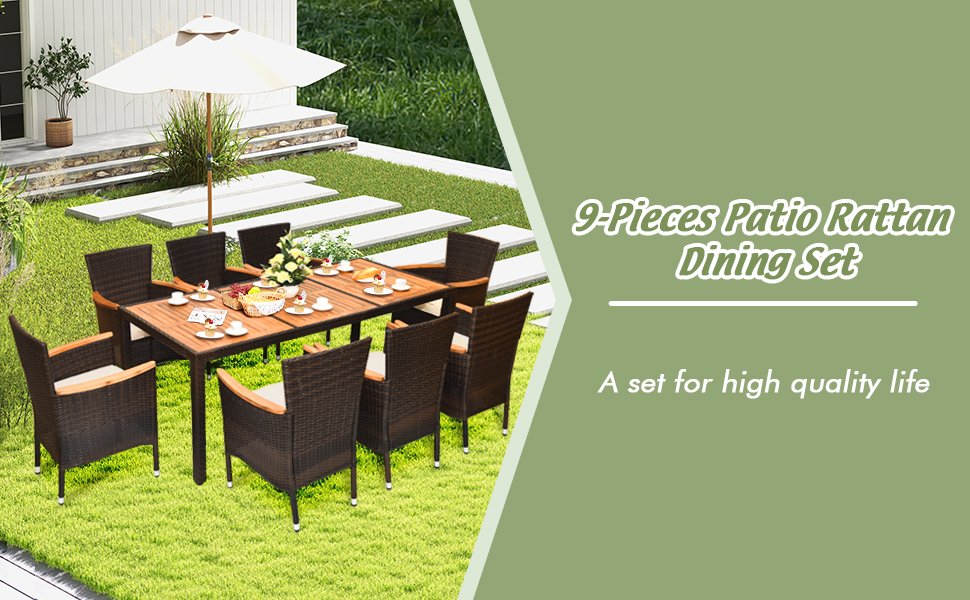 9 Pieces Rattan Dining Set with Acacia Wood Table and Stackable Cushioned Chairs