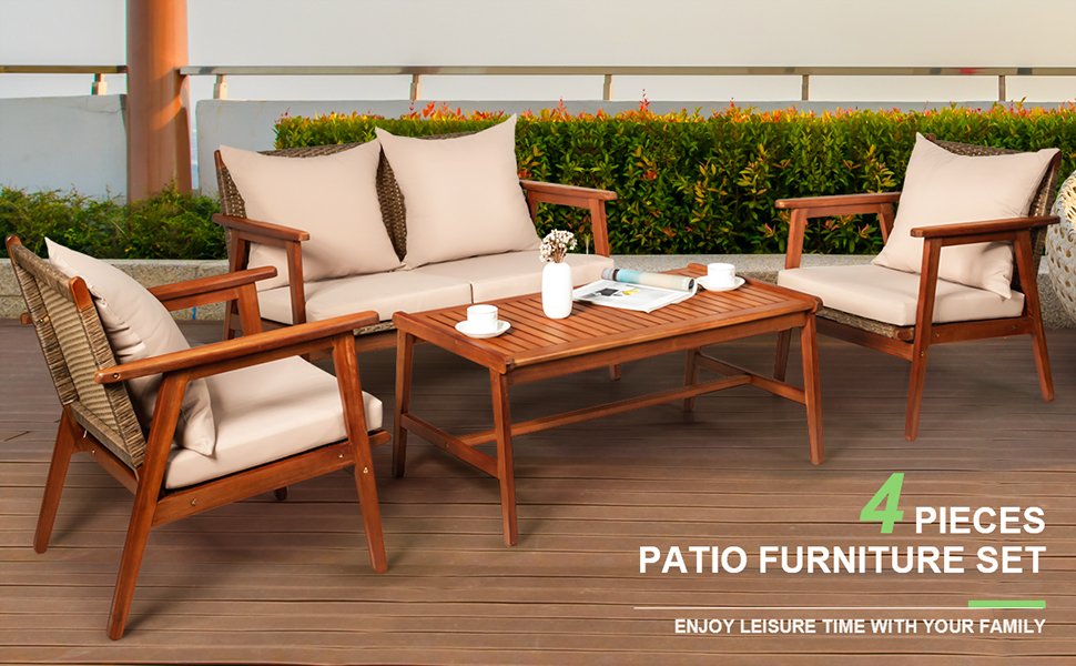 4 Pieces Acacia Wood Patio Rattan Furniture Set with Cushions