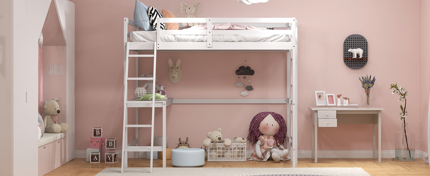 Twin Size Loft Bed Frame with Desk Angled and Built-in Ladder