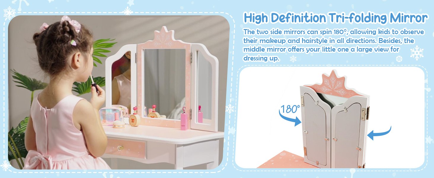 Princess Vanity Table and Chair Set with Tri-Folding Mirror and Snowflake Print