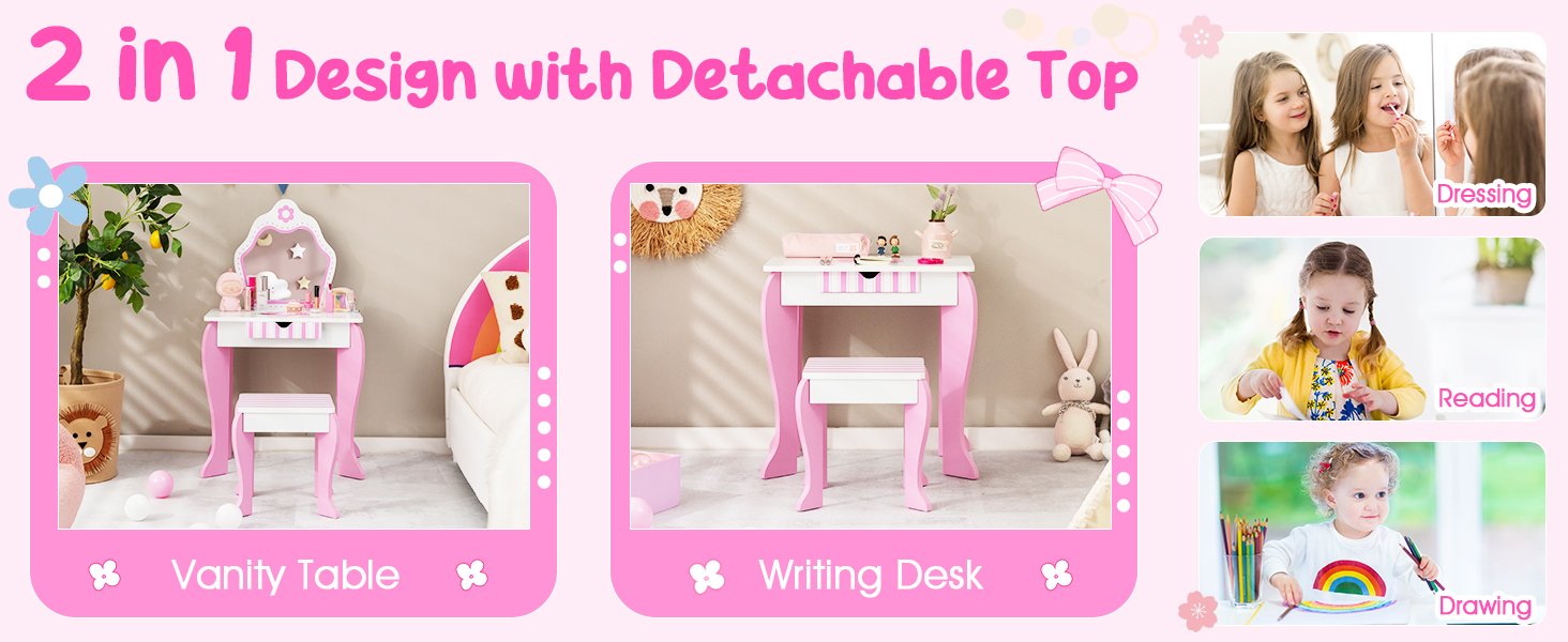 2-in-1 Toddler Vanity Set with Detachable Top and Cute Flower Patterns