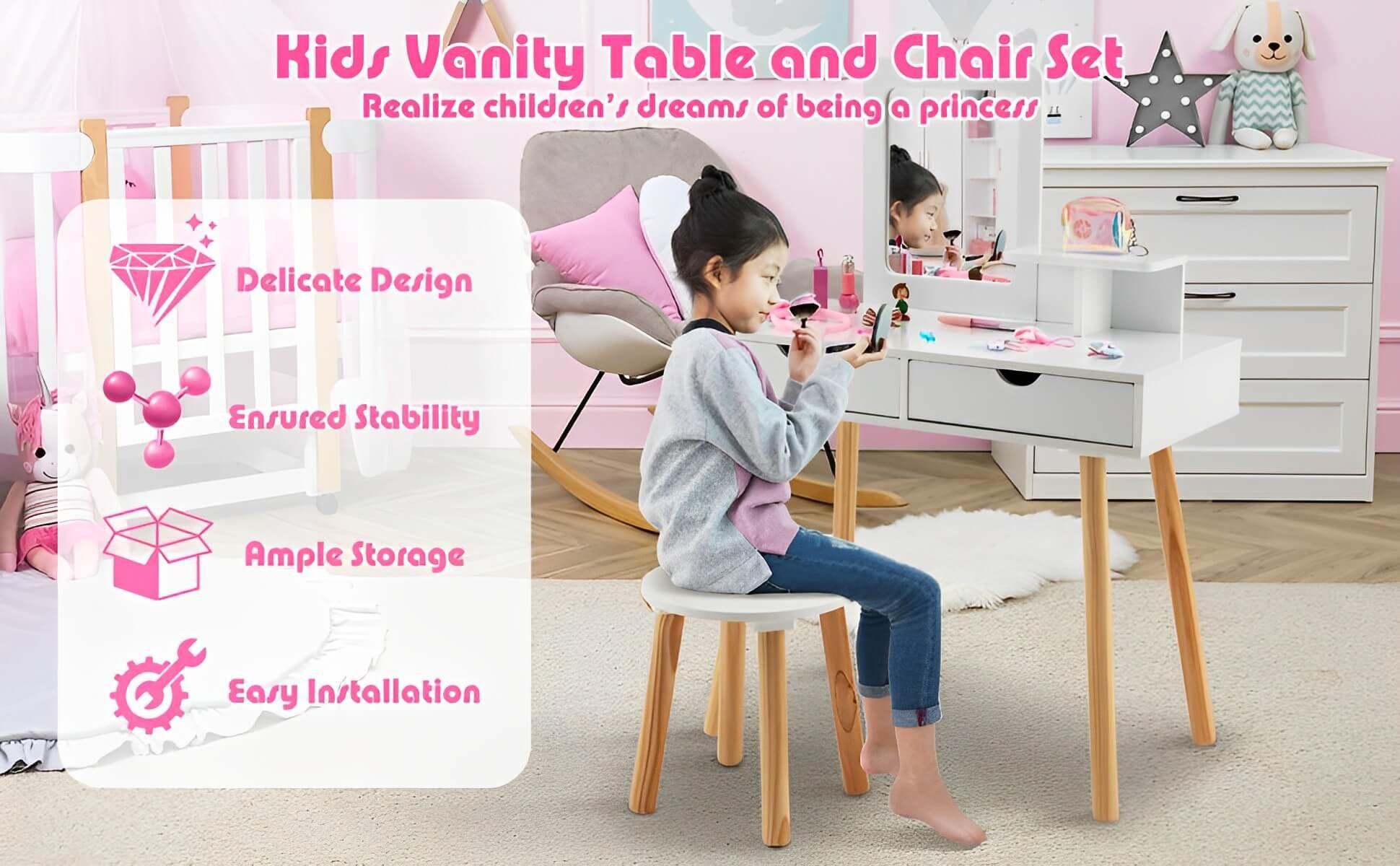 Kid Vanity Table Chair Set with Mirror and 2 Large Storage Drawers