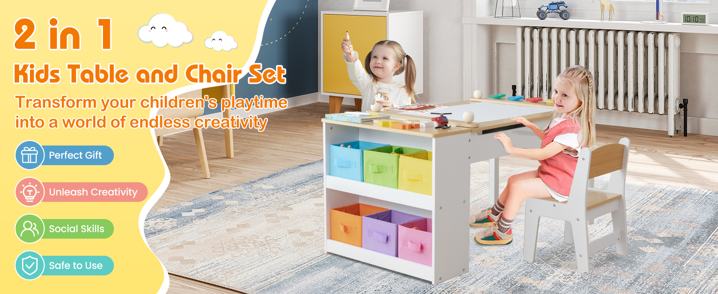 2-in-1 Kids Wooden Art Table and Art Easel Set with Chairs Storage Bins Paper Roll