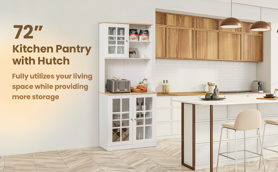 72 Inch Freestanding Pantry Cabinet with Hutch and Adjustable Shelf