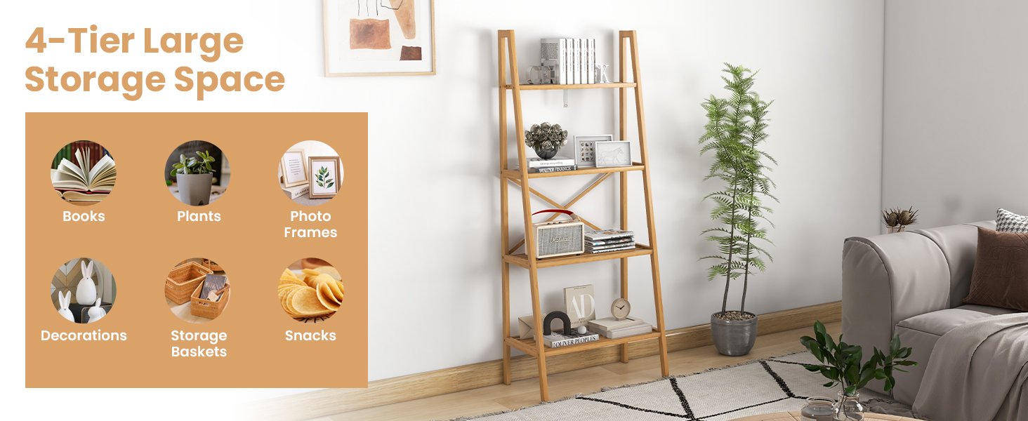 58 Inch 4-Tier Bamboo Ladder Bookshelf