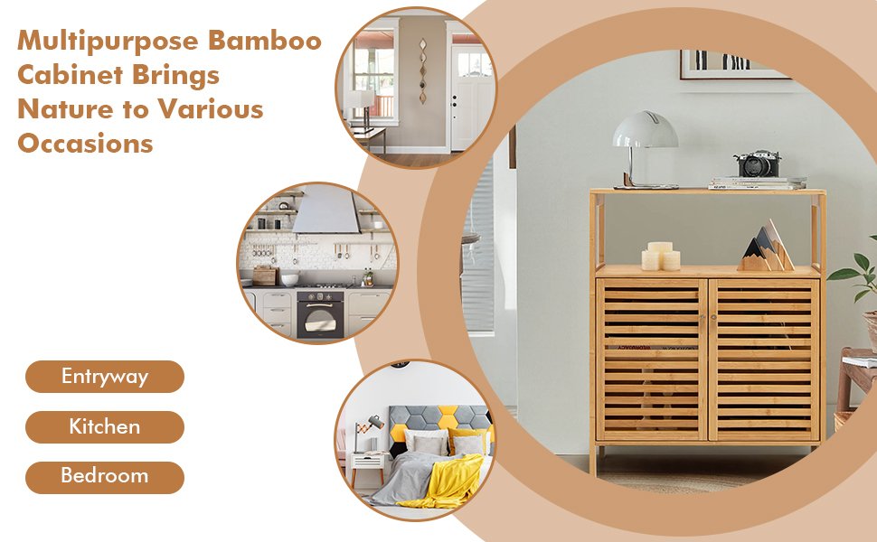 Bamboo Bathroom Floor Storage Cabinet with Shutter Doors