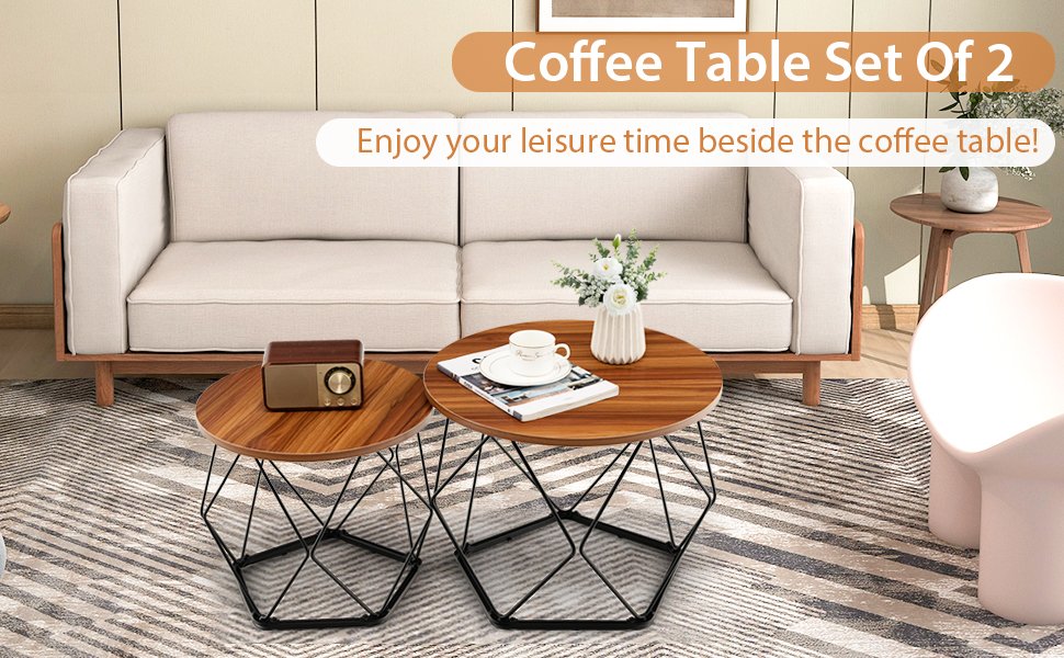 Set of 2 Modern Round Coffee Table with Pentagonal Steel Base