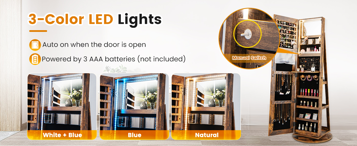 360° Rotating Mirrored Jewelry Cabinet Armoire 3 Color LED Modes Lockable