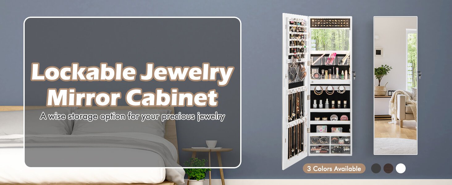 Wall Mounted Jewelry Cabinet with 3-Color Lights