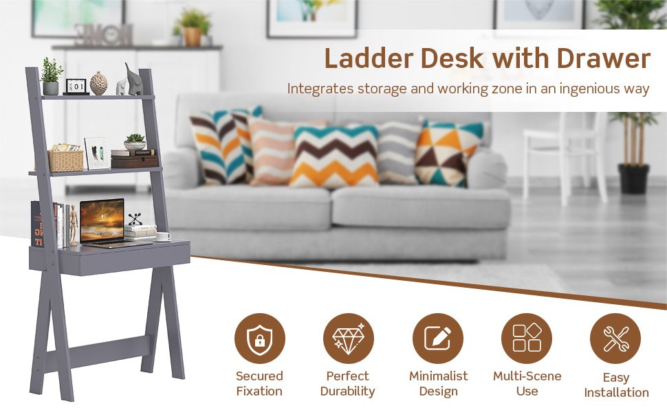 Ladder Shelf Desk Bookcase with Countertop, Drawer and 2 Shelves