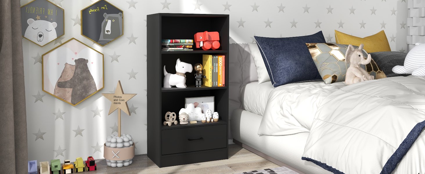 4-Tier Storage Bookcase with Open Shelves Drawer and Anti-toppling Device