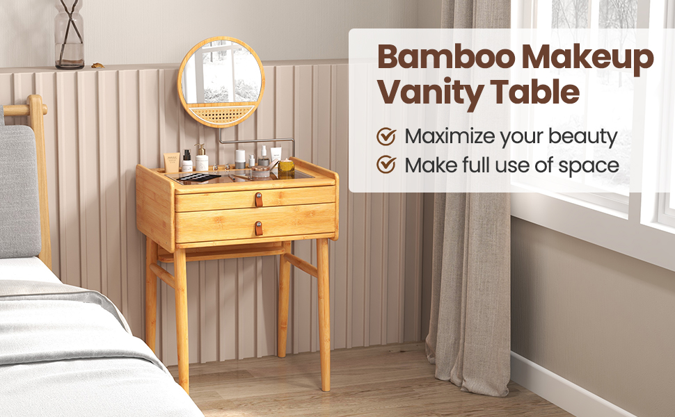 Bamboo Makeup Vanity Table with Mirror with 2 Storage Drawers