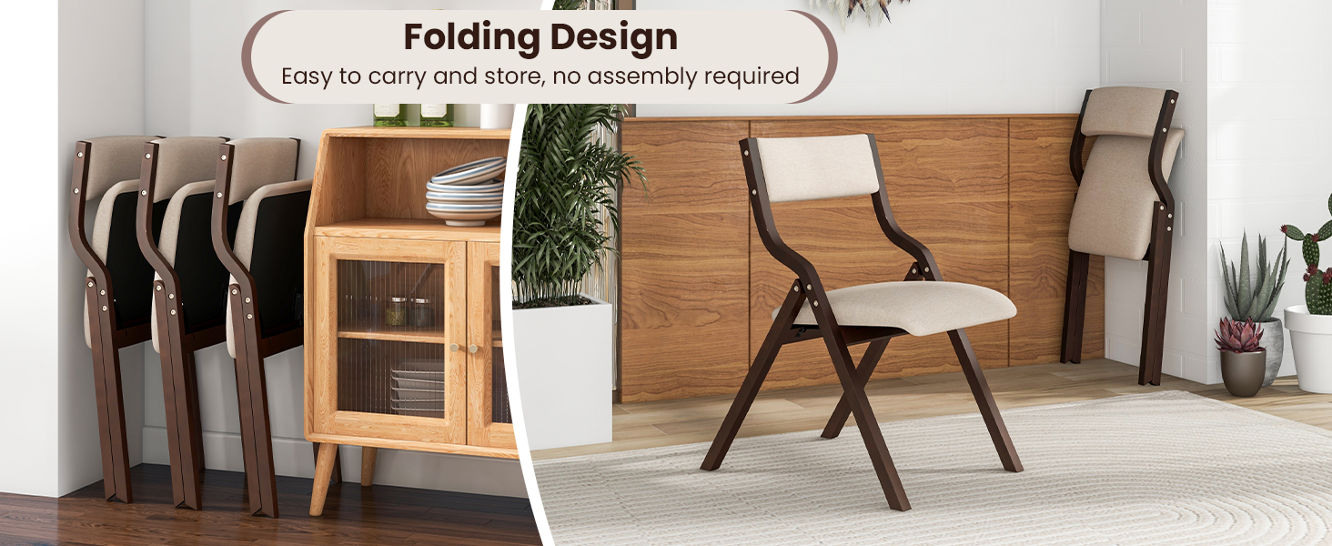 Set of 2 Wooden Folding Dining Chair with Linen Fabric Padded Seat and Backrest