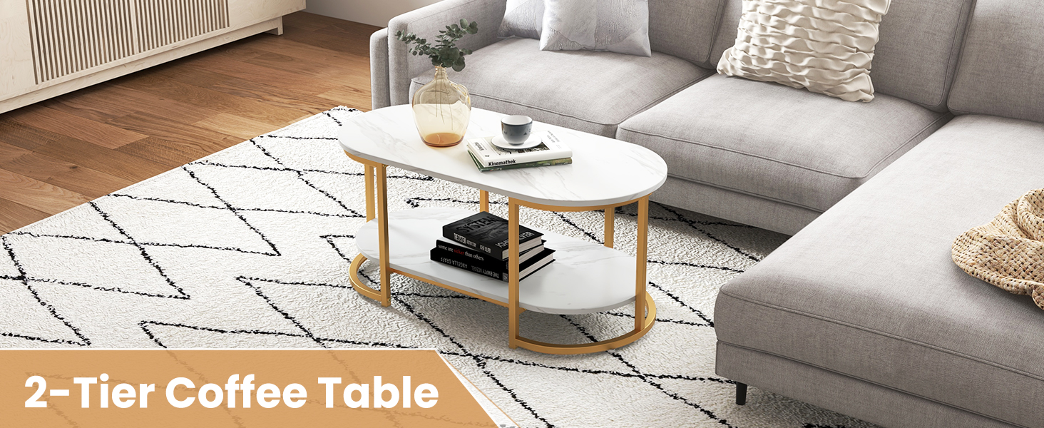 Marble Coffee Table with Open Storage Shelf