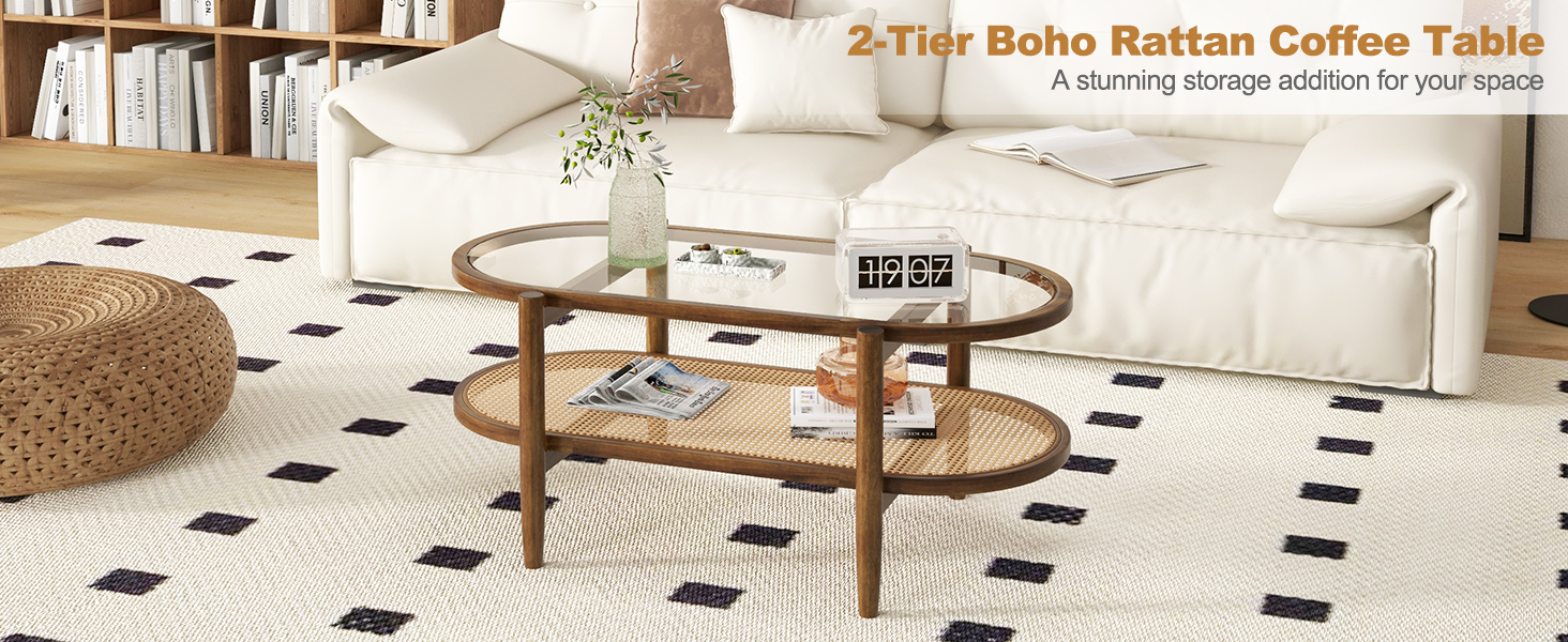 2-Tier Coffee Table with Tempered Glass Tabletop and Acacia Wood Frame