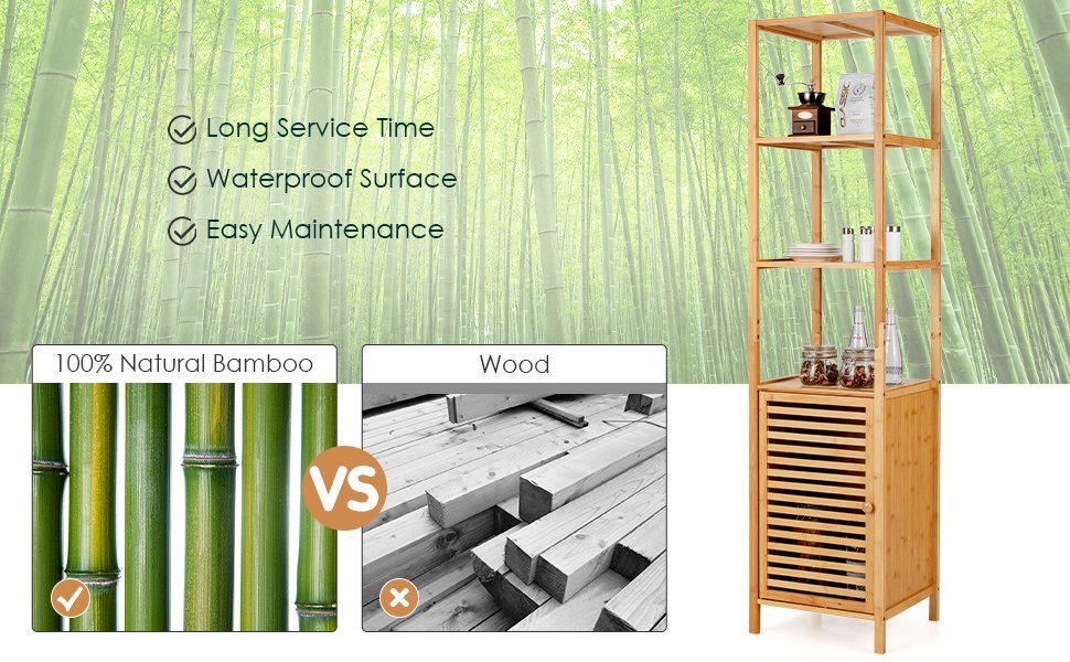 4 Tiers Slim Bamboo Floor Storage Cabinet with Shutter Door and Anti-Toppling Device
