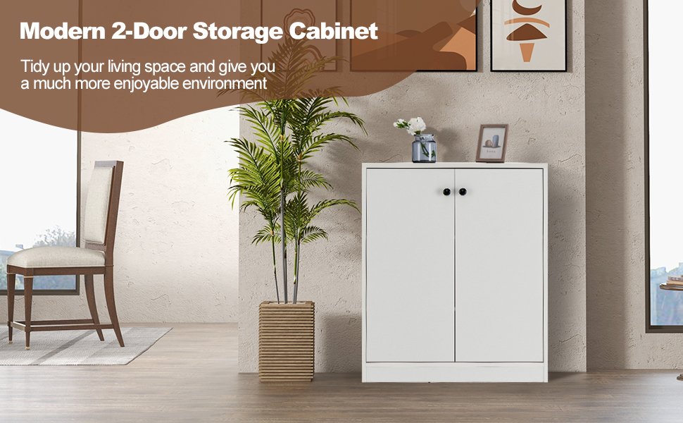 2 Door Storage Base Cabinet with 3-Tier Shelf-White