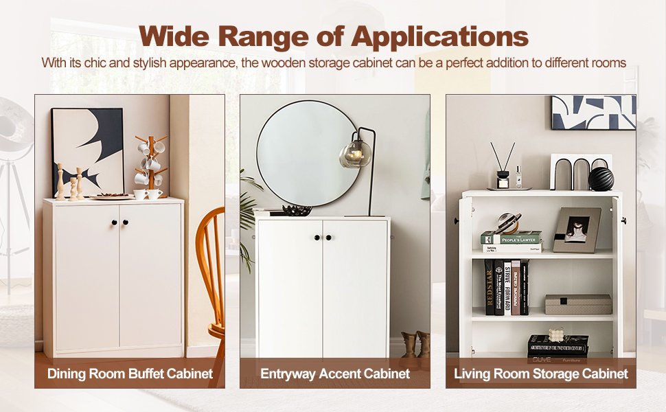 2 Door Storage Base Cabinet with 3-Tier Shelf-White