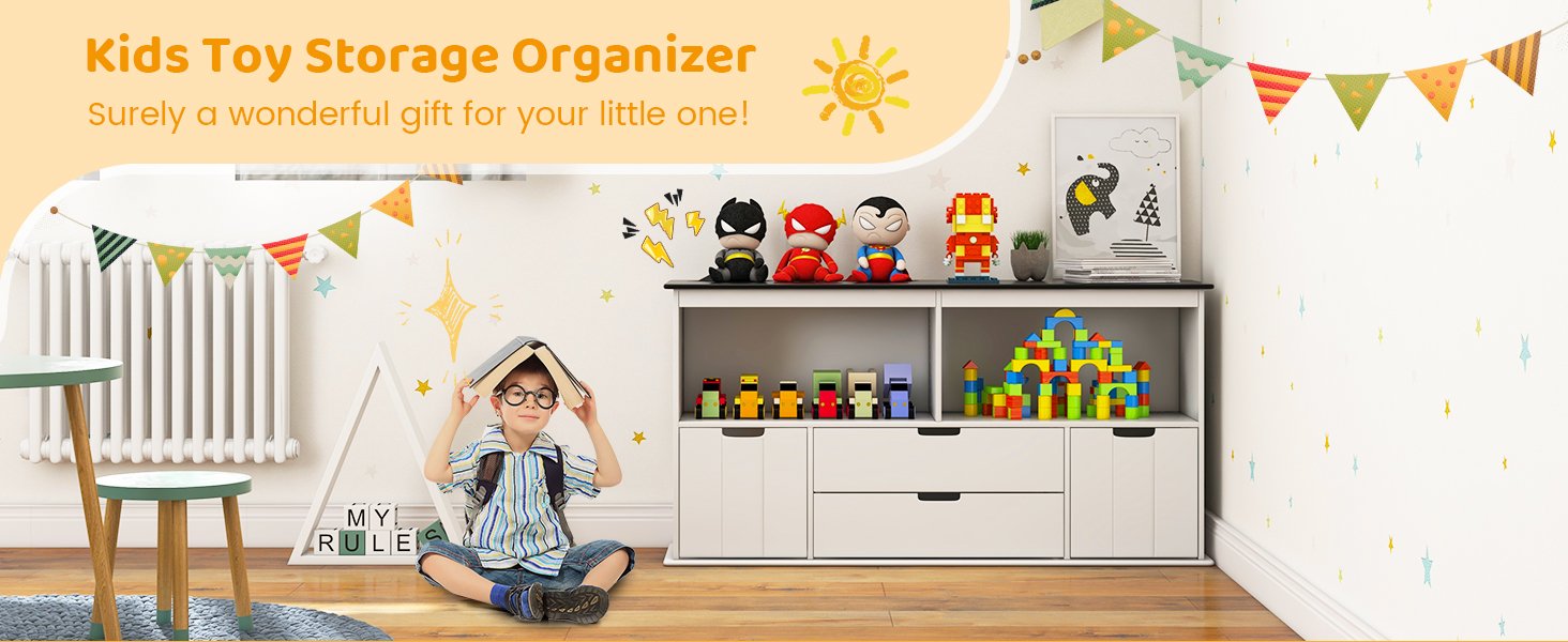 4-Drawer Kids Toy Storage Organizer with 2 Open Shelves