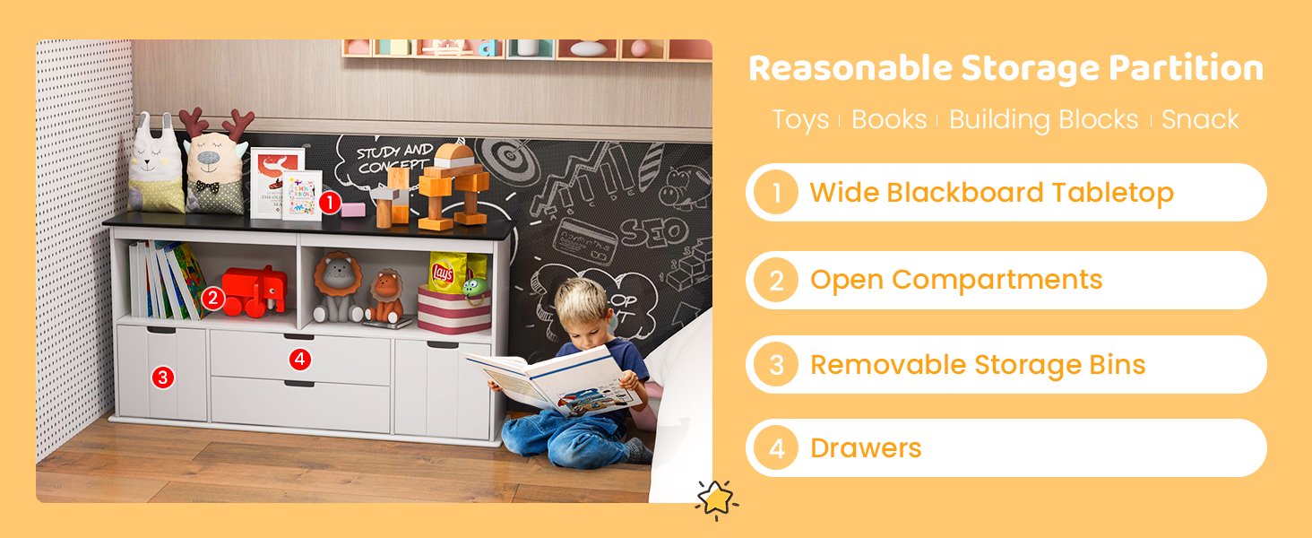 4-Drawer Kids Toy Storage Organizer with 2 Open Shelves
