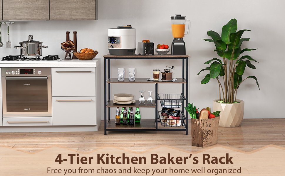 4-Tier Industrial Kitchen Baker's Rack with 2 Wire Baskets