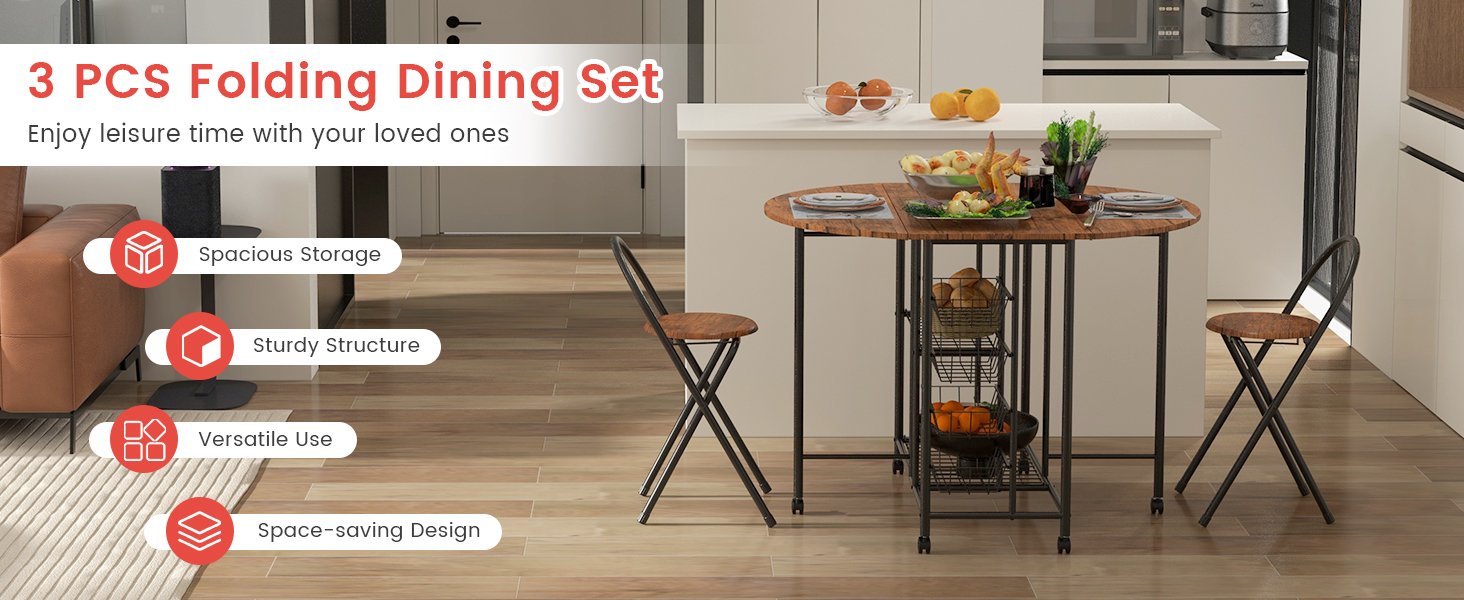 3 Pieces Folding Dining Table and Chair Set