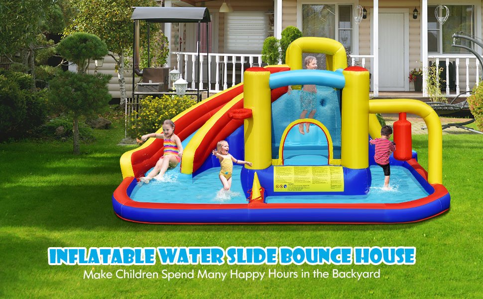 7-in-1 Inflatable Water Slide Bounce Castle with Splash Pool and Climbing Wall without Blower