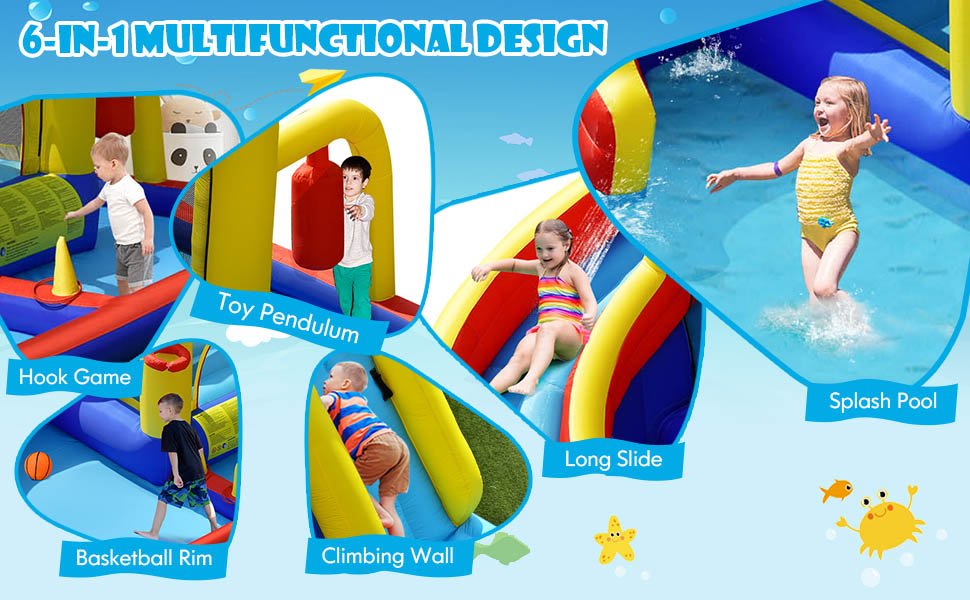 7-in-1 Inflatable Water Slide Bounce Castle with Splash Pool and Climbing Wall without Blower