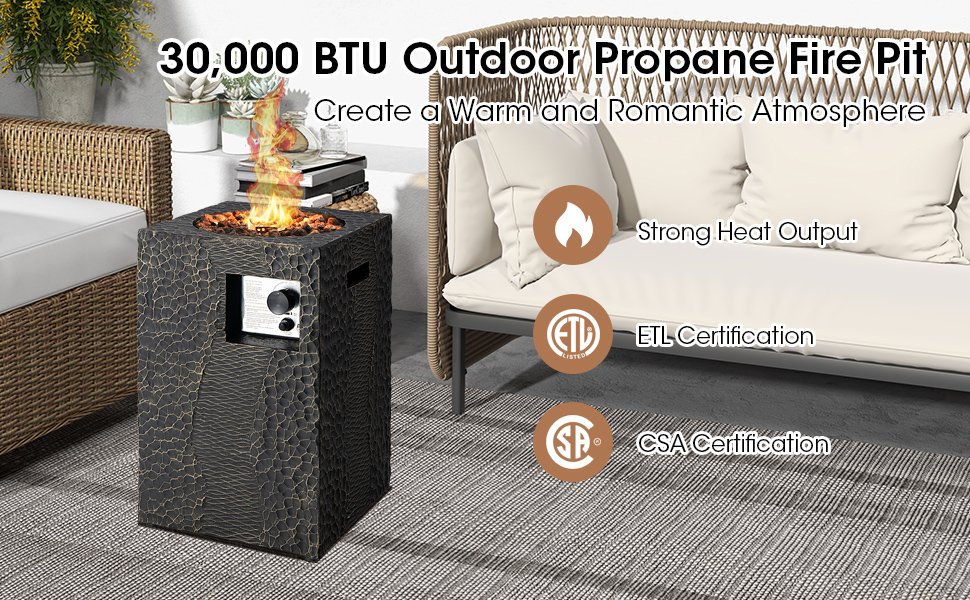 16 Feet Square Outdoor Propane Fire Pit with Lava Rocks Waterproof Cover 30,000 BTU