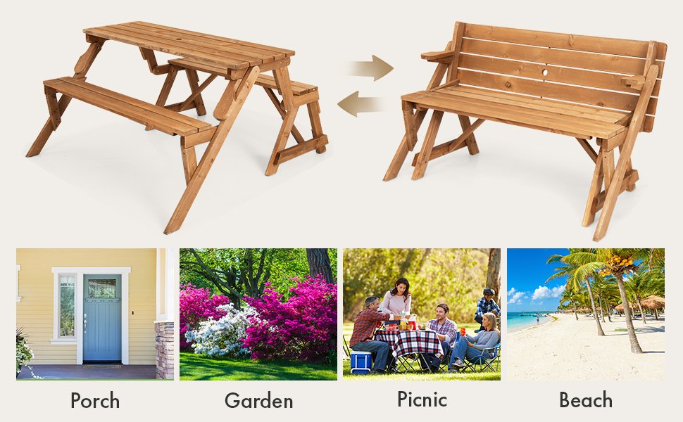 2-in-1 Transforming Interchangeable Wooden Picnic Table Bench with Umbrella Hole