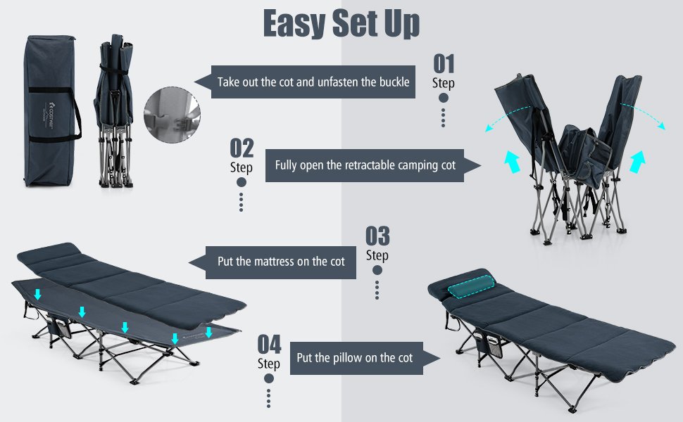 Folding Retractable Travel Camping Cot with Mattress and Carry Bag