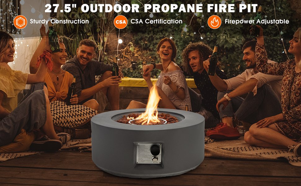 27.5 Inch Round Gas Fire Pit Table with Adjustable Flame