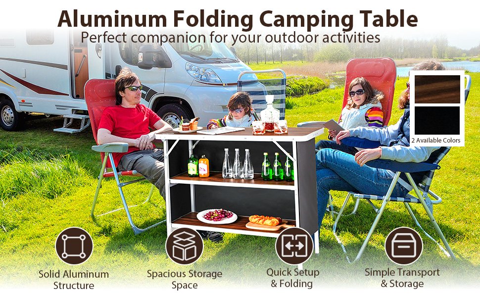 Folding Camping Table with 2-Tier Open Shelves for Outdoor BBQ